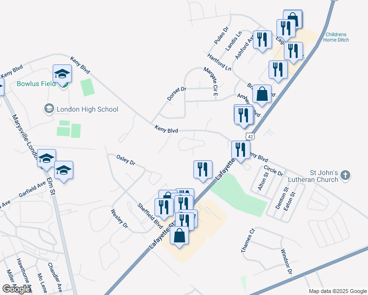 map of restaurants, bars, coffee shops, grocery stores, and more near 1040 Windward Drive in London