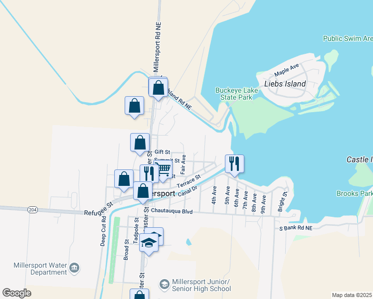 map of restaurants, bars, coffee shops, grocery stores, and more near 2650 Gift Street in Millersport