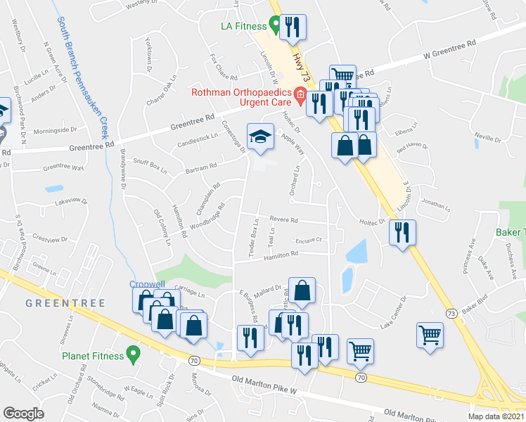 map of restaurants, bars, coffee shops, grocery stores, and more near 17 Tinder Box Terrace in Evesham