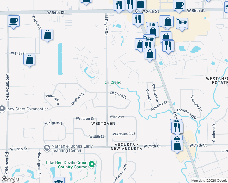 map of restaurants, bars, coffee shops, grocery stores, and more near 3812 Oil Creek Drive in Indianapolis