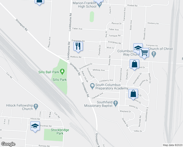 map of restaurants, bars, coffee shops, grocery stores, and more near 3024 Southfield Drive in Columbus