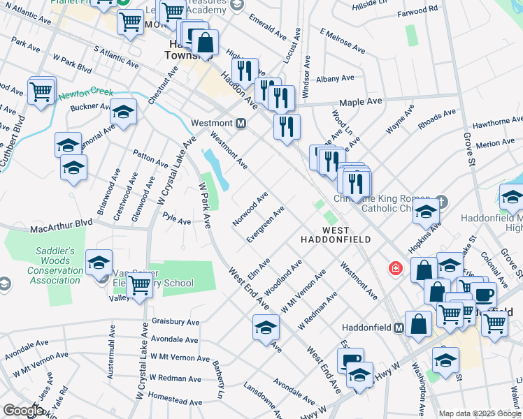 map of restaurants, bars, coffee shops, grocery stores, and more near 503 Norwood Terrace in Haddon Township