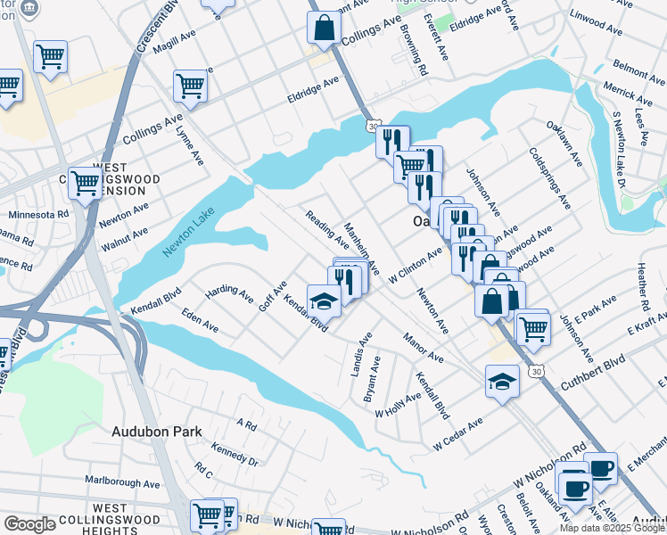 map of restaurants, bars, coffee shops, grocery stores, and more near 69 Manor Avenue in Oaklyn
