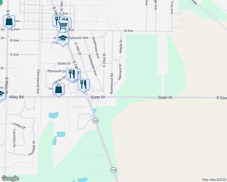 map of restaurants, bars, coffee shops, grocery stores, and more near 3040 Brentwood Road in New Castle