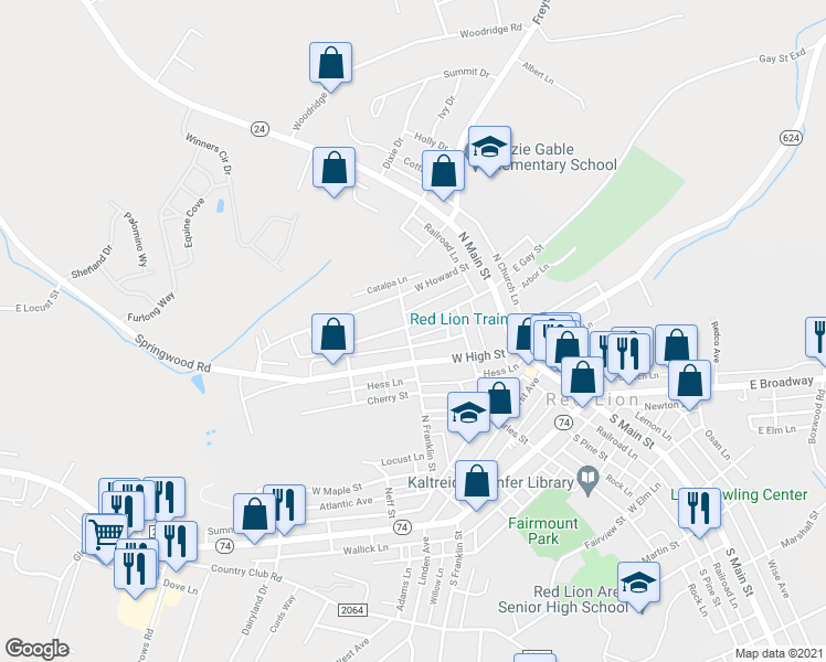 map of restaurants, bars, coffee shops, grocery stores, and more near 160 West Gay Street in Red Lion