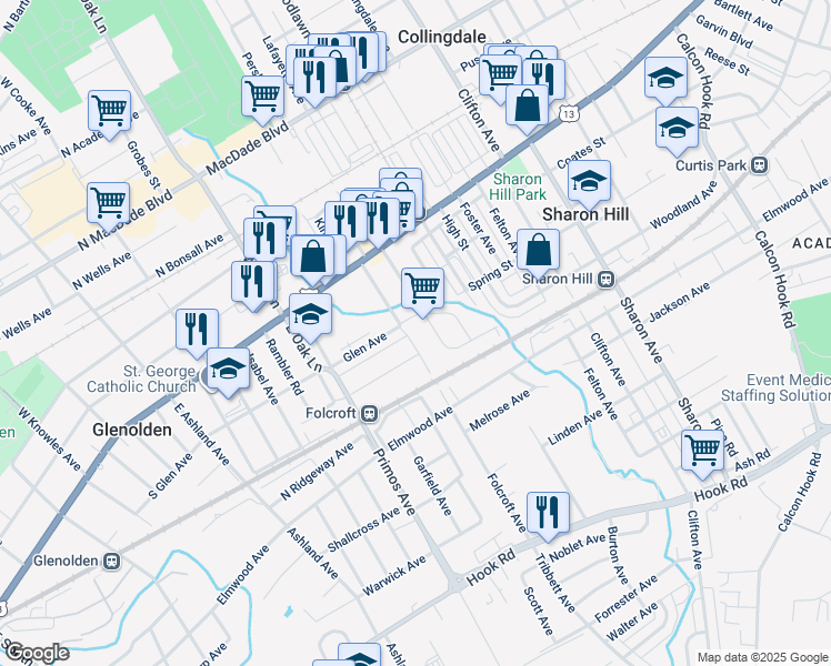 map of restaurants, bars, coffee shops, grocery stores, and more near 205 Folcroft Avenue in Folcroft