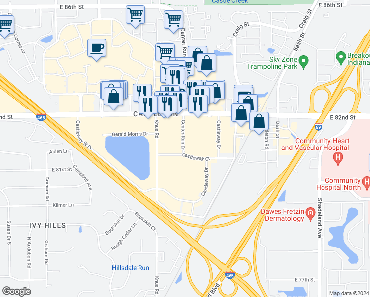 map of restaurants, bars, coffee shops, grocery stores, and more near 8091 Center Run Drive in Indianapolis