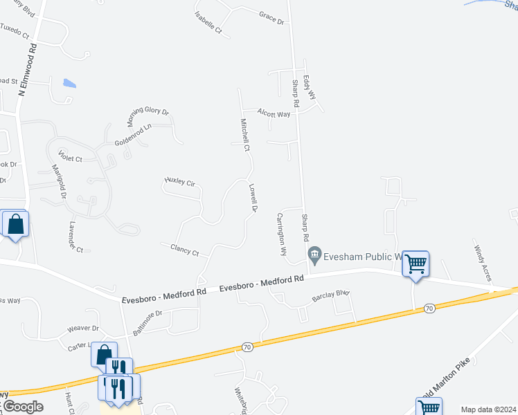 map of restaurants, bars, coffee shops, grocery stores, and more near 54 Lowell Drive in Evesham