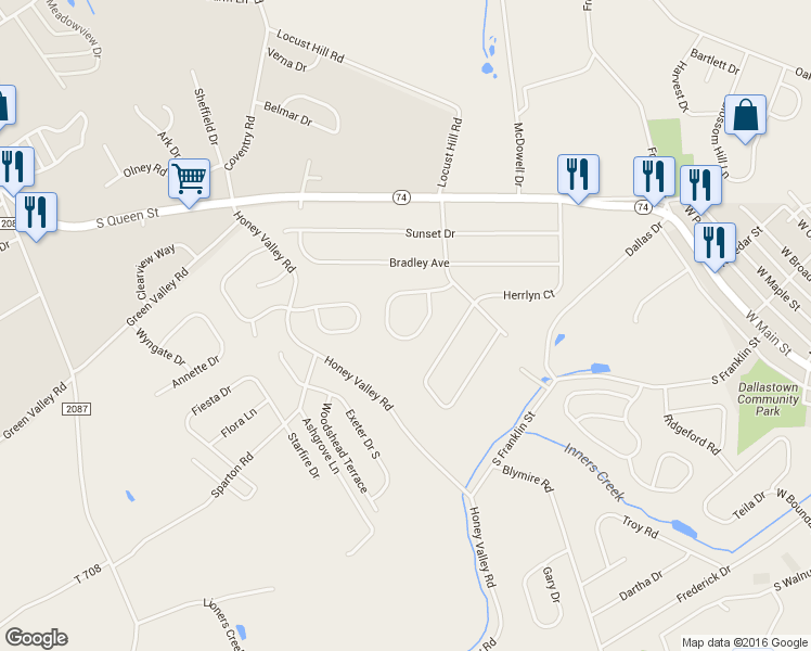 map of restaurants, bars, coffee shops, grocery stores, and more near 330 Majestic Circle in Dallastown