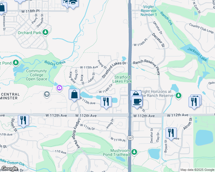 map of restaurants, bars, coffee shops, grocery stores, and more near 3351 West 114th Circle in Westminster