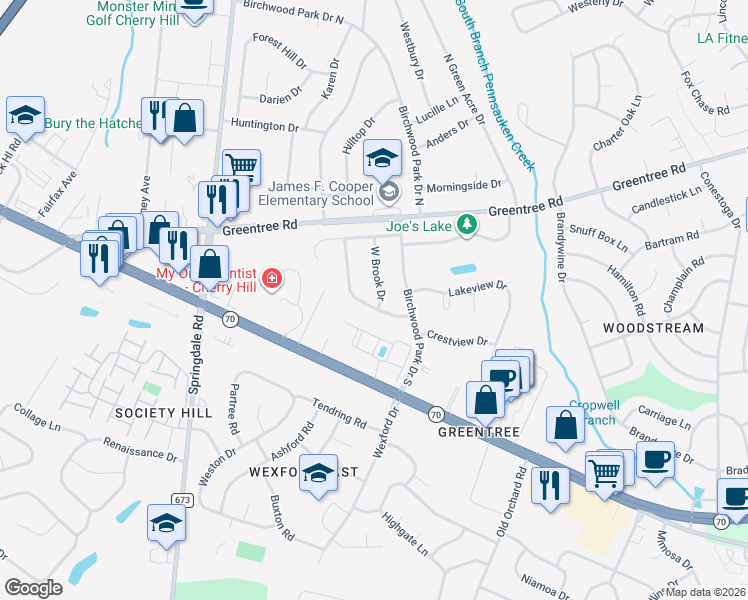 map of restaurants, bars, coffee shops, grocery stores, and more near 1 West Brook Drive in Cherry Hill