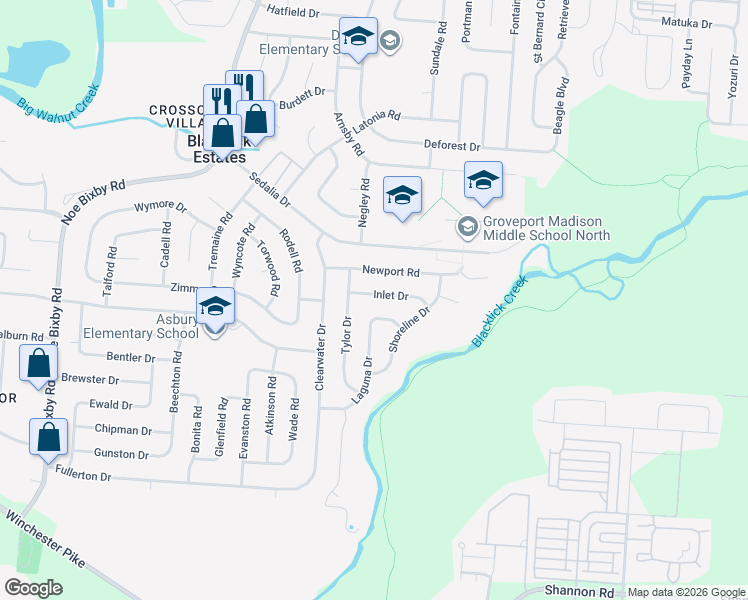 map of restaurants, bars, coffee shops, grocery stores, and more near 5405 Inlet Drive in Columbus