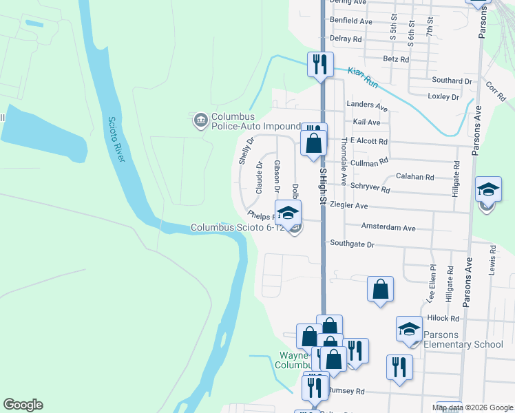 map of restaurants, bars, coffee shops, grocery stores, and more near 2838 Claude Drive in Columbus