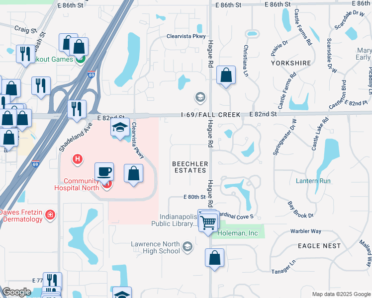 map of restaurants, bars, coffee shops, grocery stores, and more near 8104 Wallingwood Drive in Indianapolis