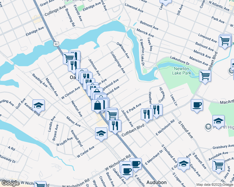 map of restaurants, bars, coffee shops, grocery stores, and more near 107 East Oakland Avenue in Oaklyn