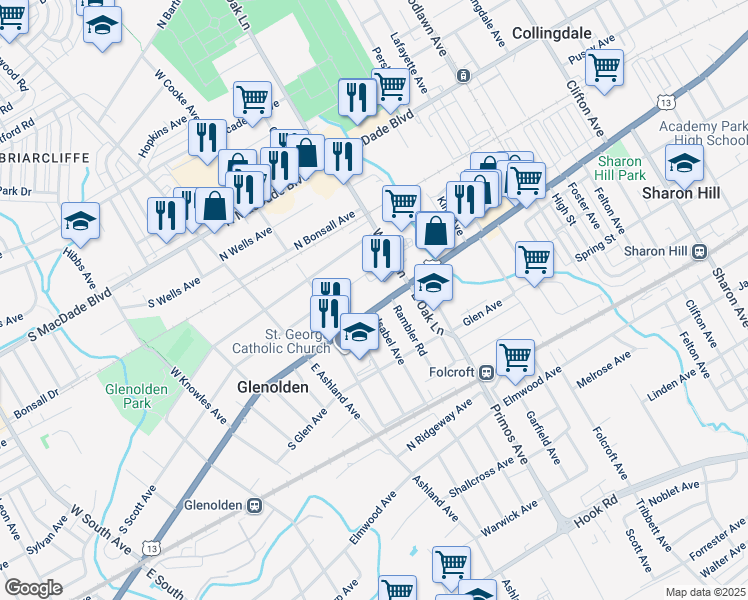map of restaurants, bars, coffee shops, grocery stores, and more near 300 North Chester Pike in Glenolden