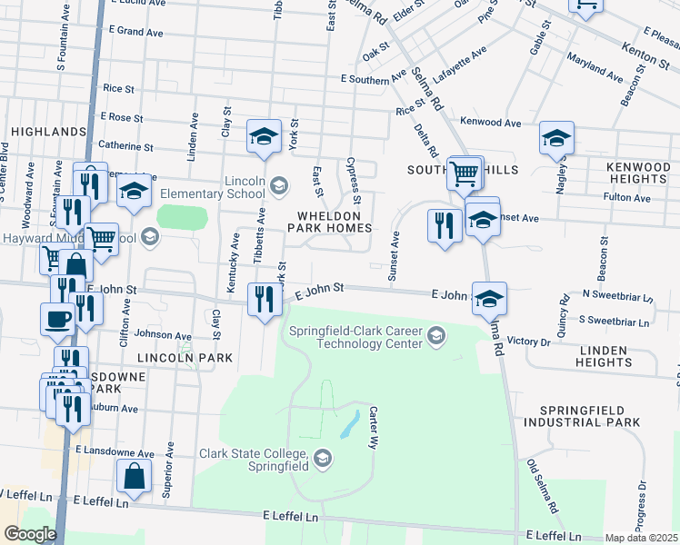 map of restaurants, bars, coffee shops, grocery stores, and more near 816 East John Street in Springfield