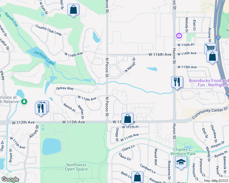 map of restaurants, bars, coffee shops, grocery stores, and more near 11368 Navajo Circle in Westminster