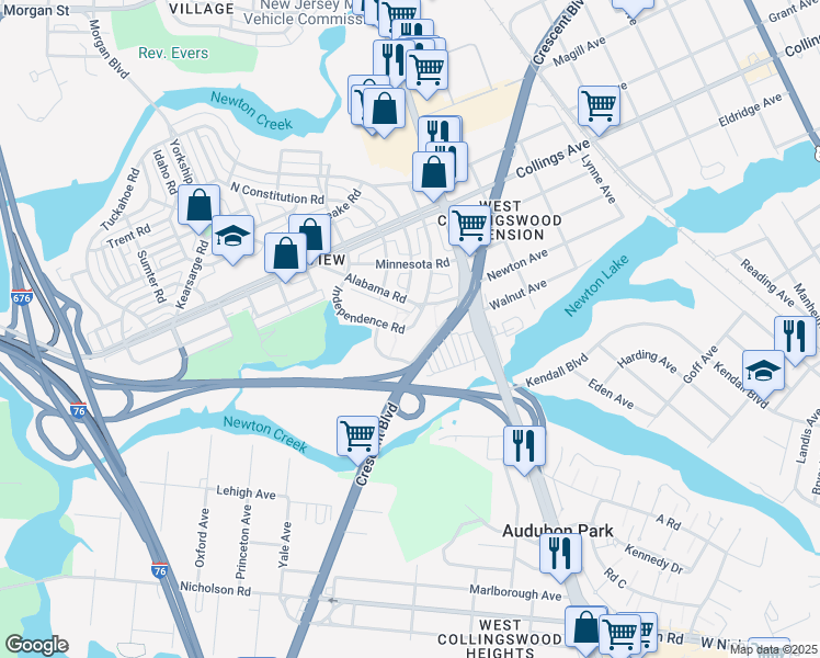 map of restaurants, bars, coffee shops, grocery stores, and more near 3285 Crescent Drive in Camden