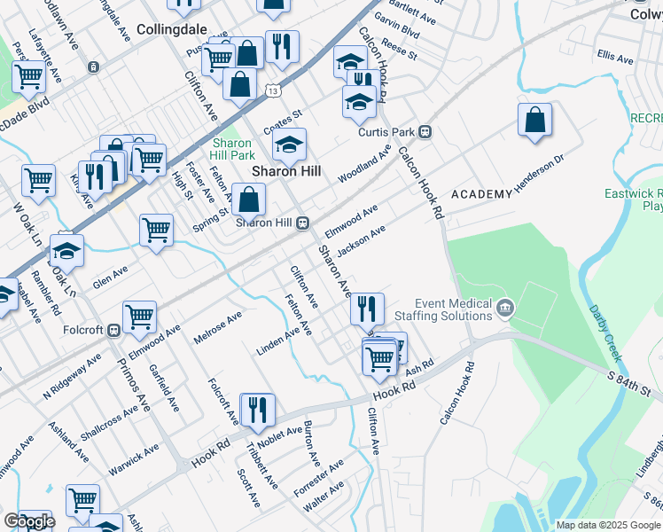 map of restaurants, bars, coffee shops, grocery stores, and more near 1107 West Jackson Street in Sharon Hill