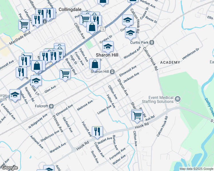 map of restaurants, bars, coffee shops, grocery stores, and more near 504 Clifton Avenue in Sharon Hill
