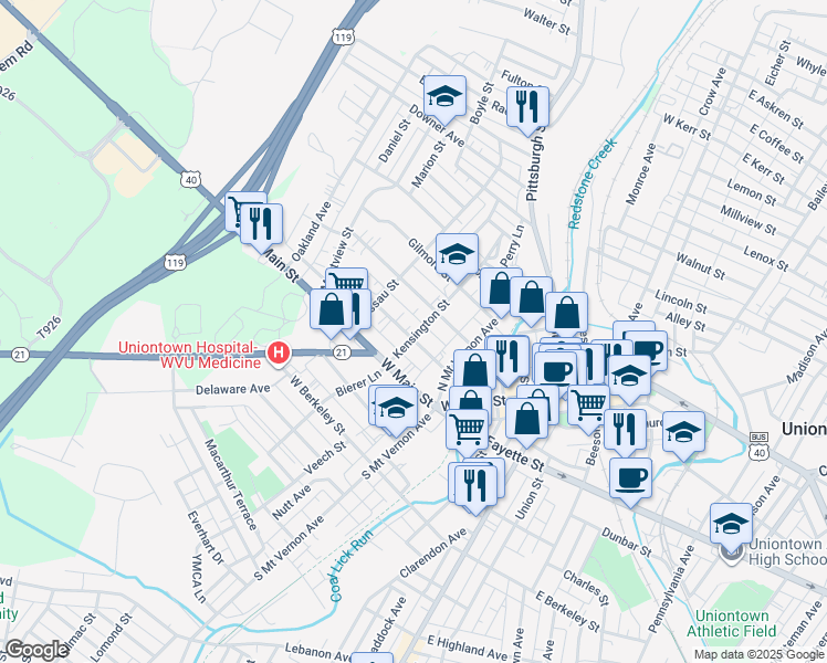 map of restaurants, bars, coffee shops, grocery stores, and more near 50 Ben Lomond St in Uniontown