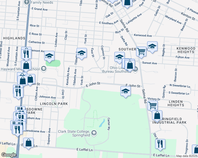 map of restaurants, bars, coffee shops, grocery stores, and more near 816 East John Street in Springfield