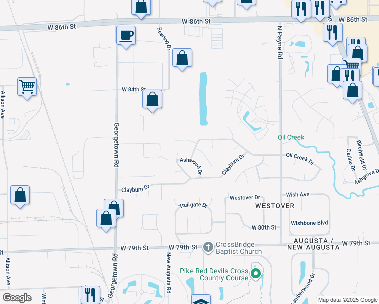 map of restaurants, bars, coffee shops, grocery stores, and more near 4356 Oil Creek Drive in Indianapolis