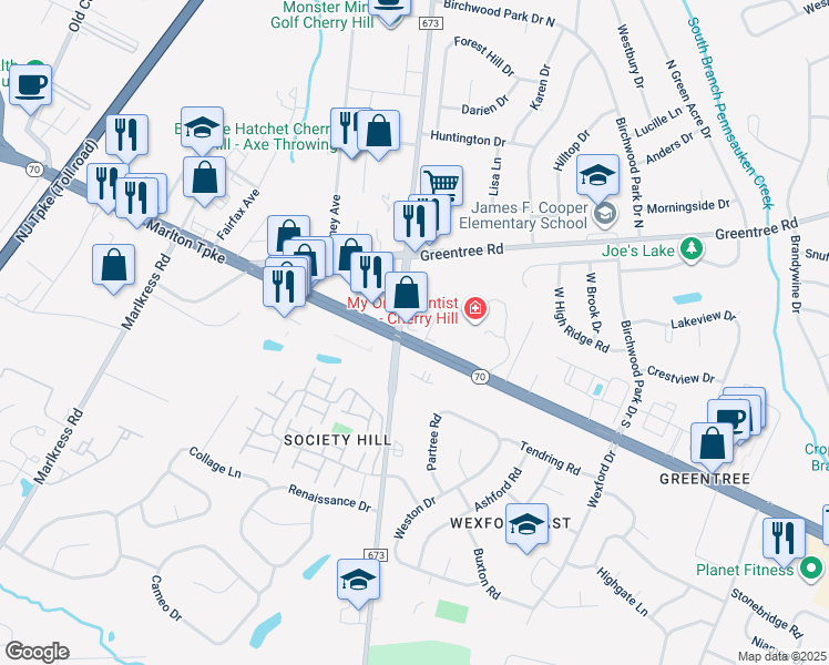 map of restaurants, bars, coffee shops, grocery stores, and more near 2300 New Jersey 70 in Cherry Hill