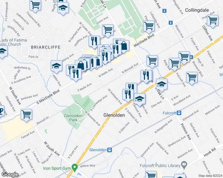 map of restaurants, bars, coffee shops, grocery stores, and more near 207 West Ashland Avenue in Glenolden