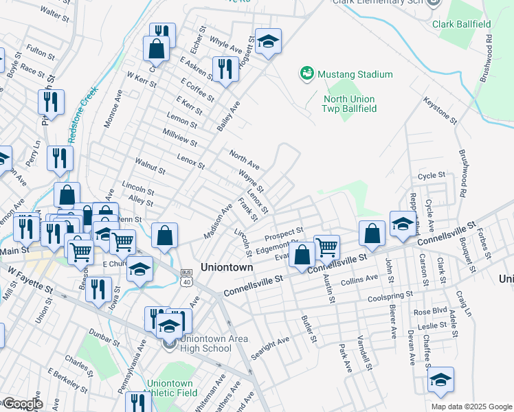 map of restaurants, bars, coffee shops, grocery stores, and more near 218 Lenox St in Uniontown