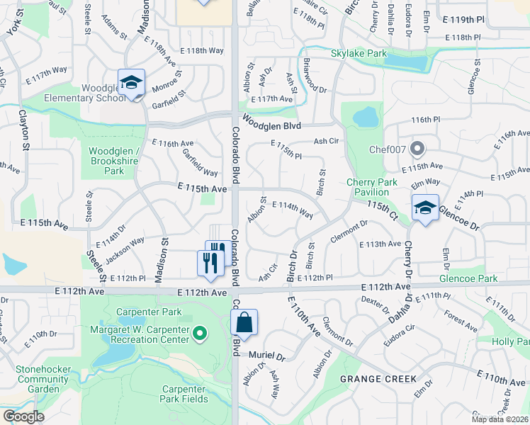 map of restaurants, bars, coffee shops, grocery stores, and more near 11388 Albion Street in Thornton