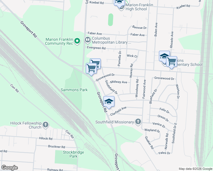 map of restaurants, bars, coffee shops, grocery stores, and more near 3019 Southfield Drive in Columbus