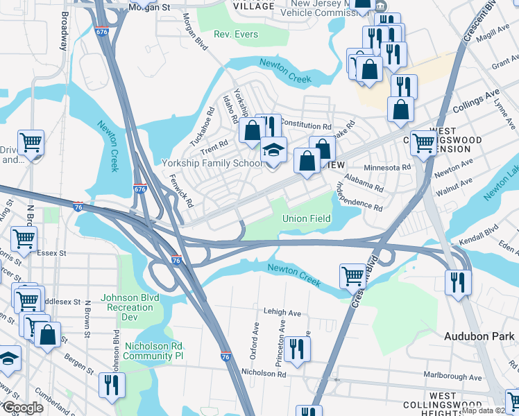 map of restaurants, bars, coffee shops, grocery stores, and more near 1143 South Merrimac Road in Camden