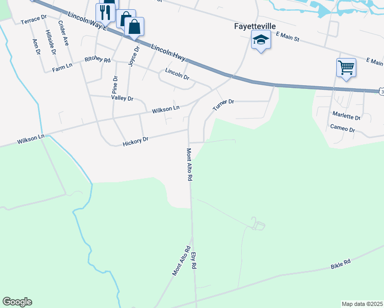 map of restaurants, bars, coffee shops, grocery stores, and more near 408 Mont Alto Road in Fayetteville
