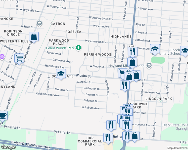 map of restaurants, bars, coffee shops, grocery stores, and more near 202 West John Street in Springfield