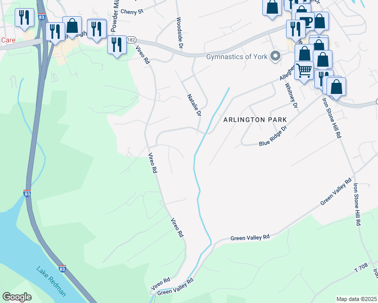 map of restaurants, bars, coffee shops, grocery stores, and more near 341 Shasta Drive in York