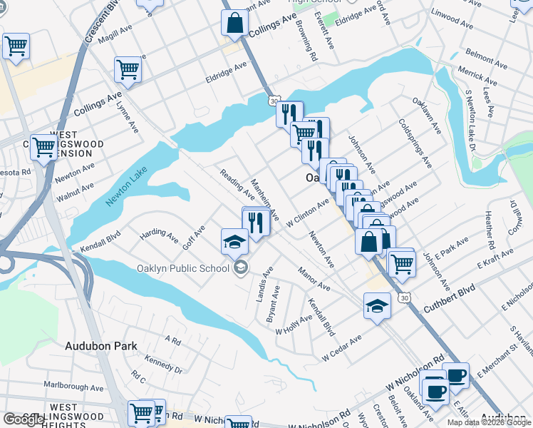 map of restaurants, bars, coffee shops, grocery stores, and more near 228 Reading Avenue in Oaklyn