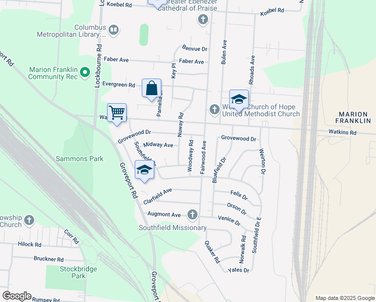 map of restaurants, bars, coffee shops, grocery stores, and more near 3039 Woodway Road in Columbus