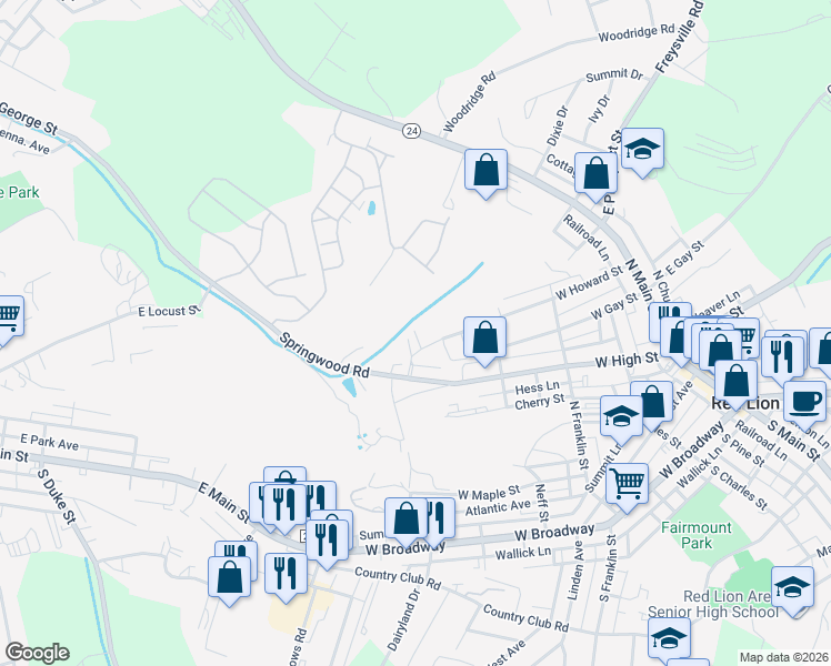 map of restaurants, bars, coffee shops, grocery stores, and more near 757 Bridal Path Lane in Red Lion