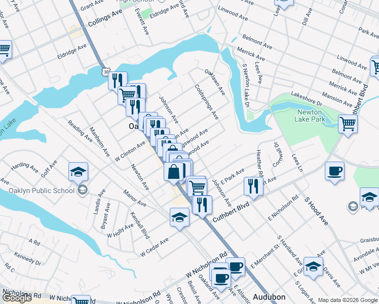 map of restaurants, bars, coffee shops, grocery stores, and more near 23 East Greenwood Avenue in Oaklyn