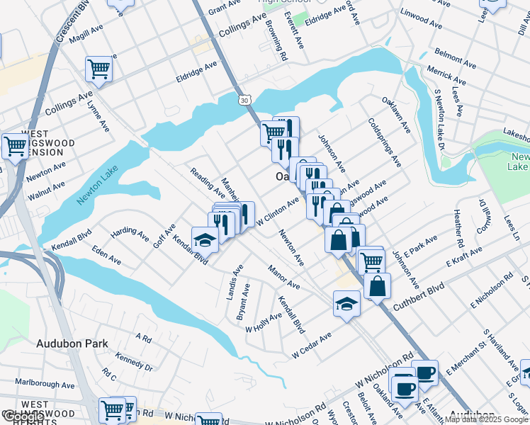map of restaurants, bars, coffee shops, grocery stores, and more near 416 Newton Avenue in Oaklyn