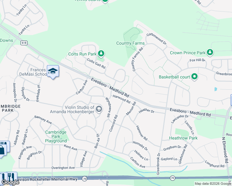 map of restaurants, bars, coffee shops, grocery stores, and more near 28 Harwood Road in Evesham