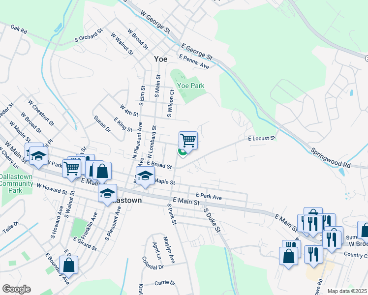 map of restaurants, bars, coffee shops, grocery stores, and more near 295 North Park Street in Dallastown