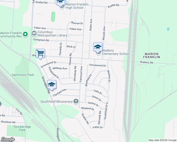 map of restaurants, bars, coffee shops, grocery stores, and more near 3044 Durham Drive in Columbus