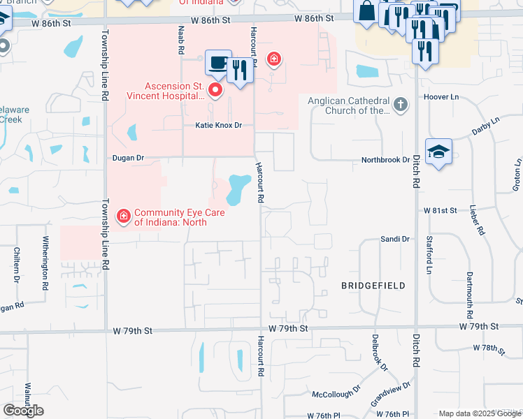 map of restaurants, bars, coffee shops, grocery stores, and more near 1898 Century Drive in Indianapolis