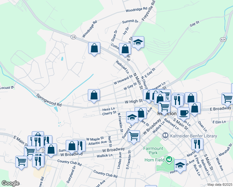 map of restaurants, bars, coffee shops, grocery stores, and more near 160 West Gay Street in Red Lion