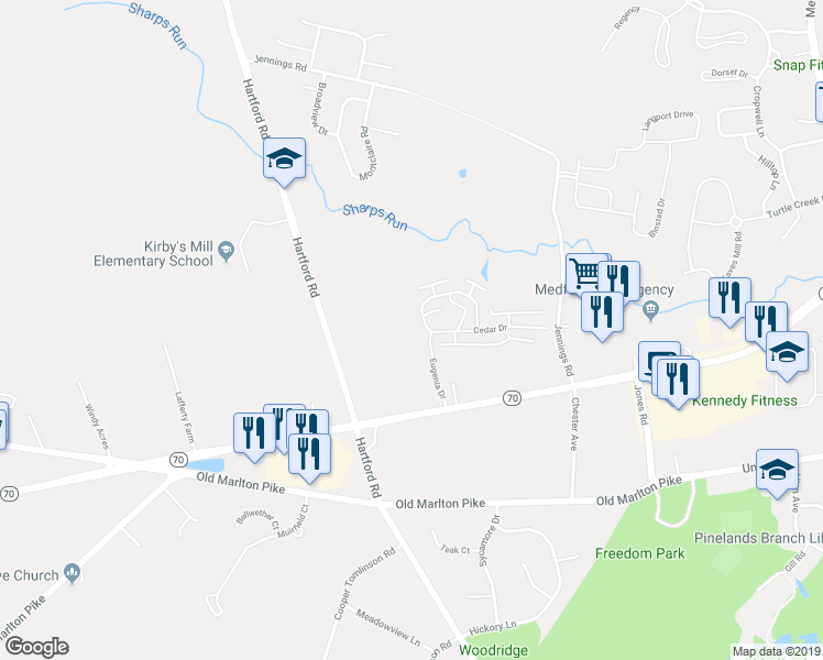 map of restaurants, bars, coffee shops, grocery stores, and more near 184 Eugenia Drive in Medford