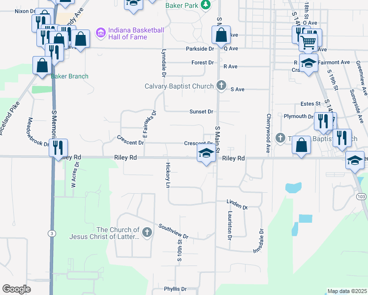 map of restaurants, bars, coffee shops, grocery stores, and more near 1009 Crescent Drive in New Castle