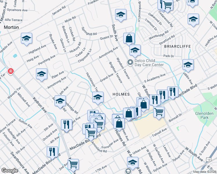 map of restaurants, bars, coffee shops, grocery stores, and more near 432 Lawnton Terrace in Holmes